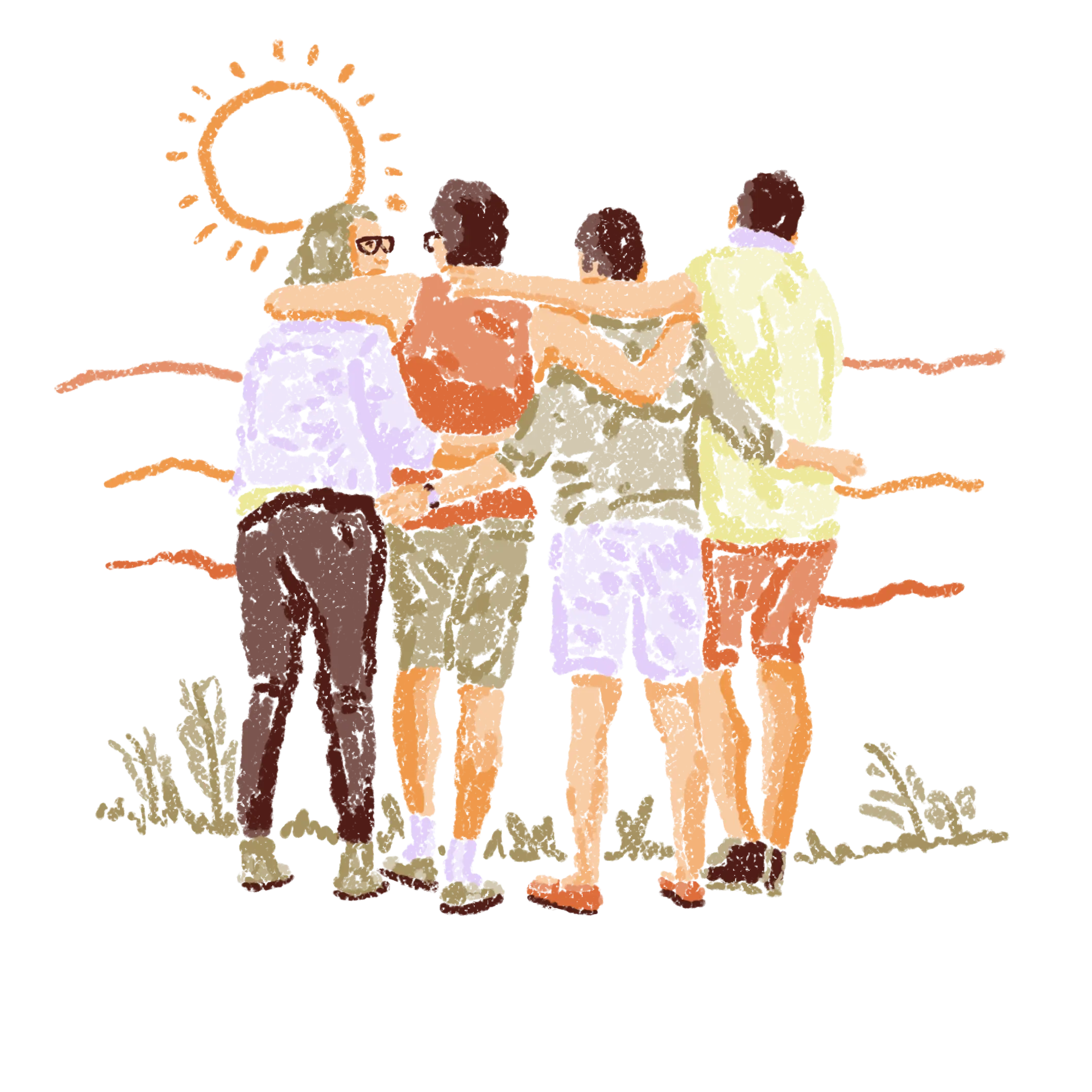 Ilustración de 4 personas abrazadas mirando el sol